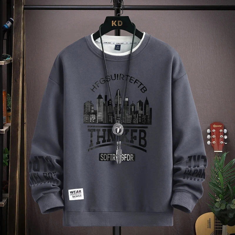 Men's grey sweatshirt with cool city print, long sleeves, O-neck, Harajuku style.