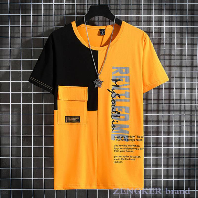 Men's summer short-sleeved patchwork t-shirt, oversized streetwear style, black and yellow design.