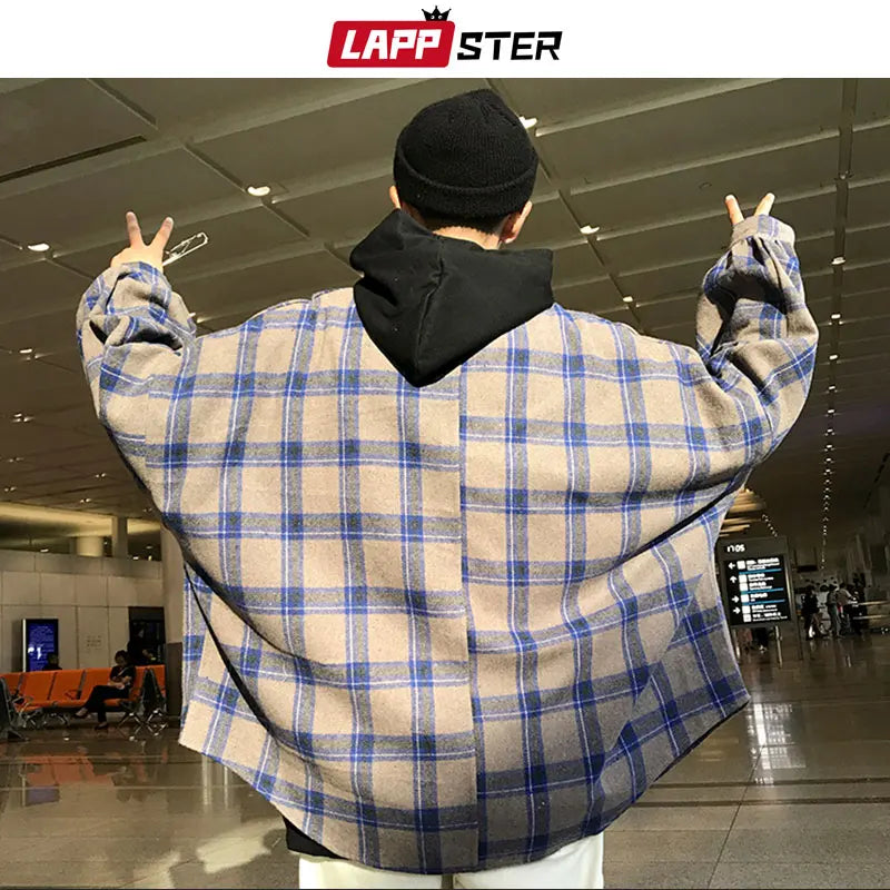 LAPPSTER Y2k Harajuku plaid fleece long sleeve shirt for men, vintage Korean fashion streetwear.