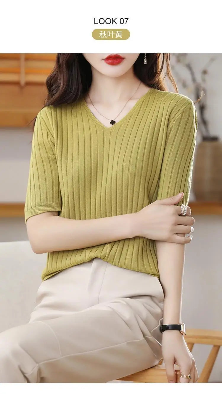 2023 New Spring Summer New Women's V-neck Short-Sleeved Exquisite Cashmere Knitted Sweater Pullover Solid Color