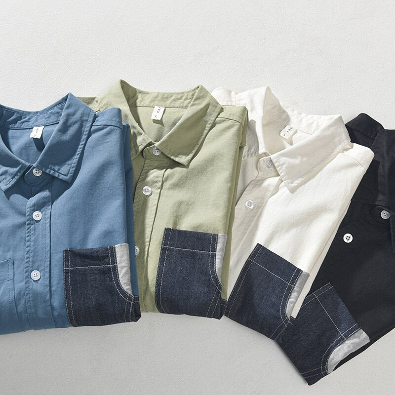 Summer men's casual cotton shirts with half sleeves, fashion color matching, and double chest pockets.