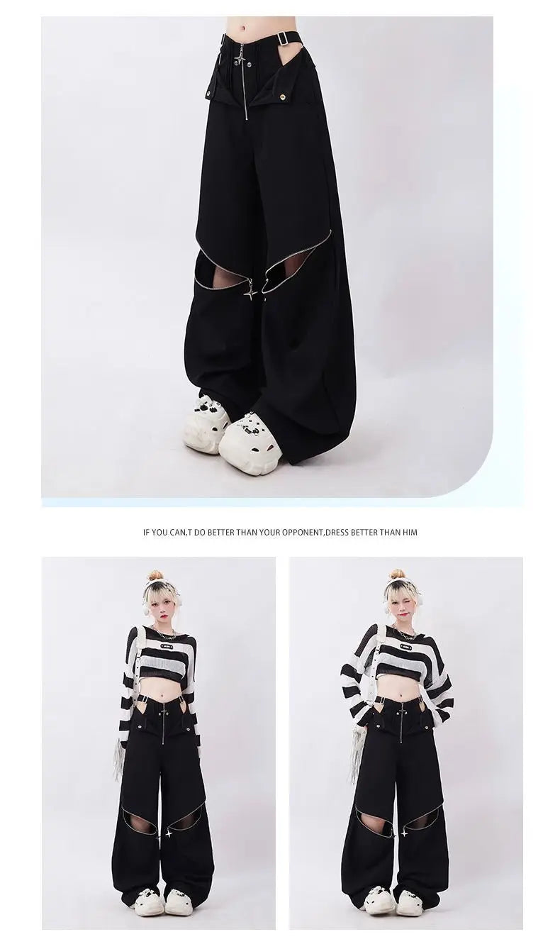 American Individualized Spicy Girl Hollow Out Workwear Pants for Women Fashion Zipper Two Wear Design Casual Versatile Trousers