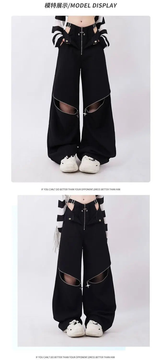 American Individualized Spicy Girl Hollow Out Workwear Pants for Women Fashion Zipper Two Wear Design Casual Versatile Trousers