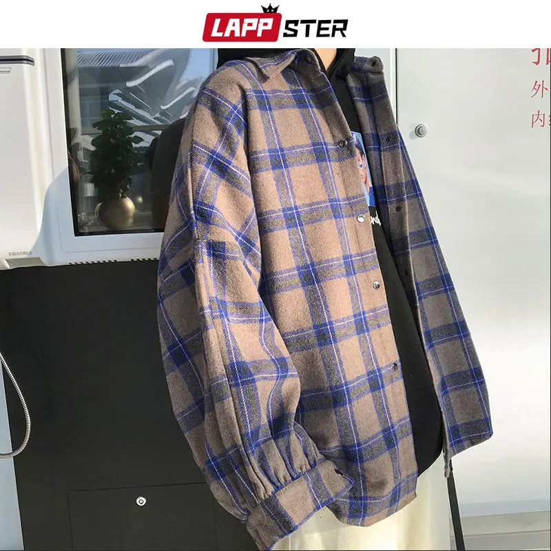 LAPPSTER Y2k Harajuku plaid shirt for men, fleece, long sleeves, vintage Korean streetwear style.