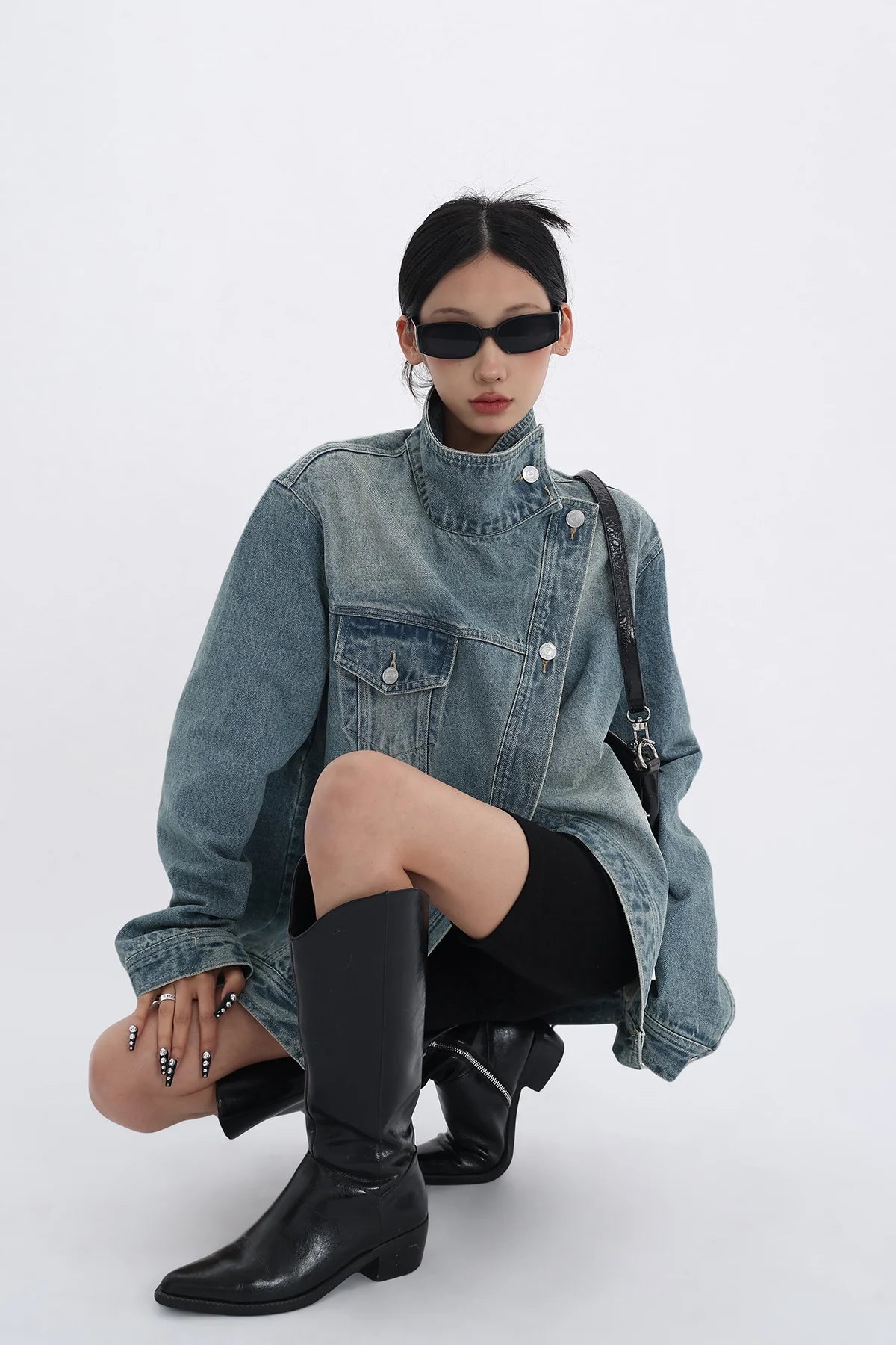 Women's Denim Coat Turtleneck Single Breasted Full Sleeve Patchwork Versatile Jacke Fashion Autumn Streetwear Denim Overcoat