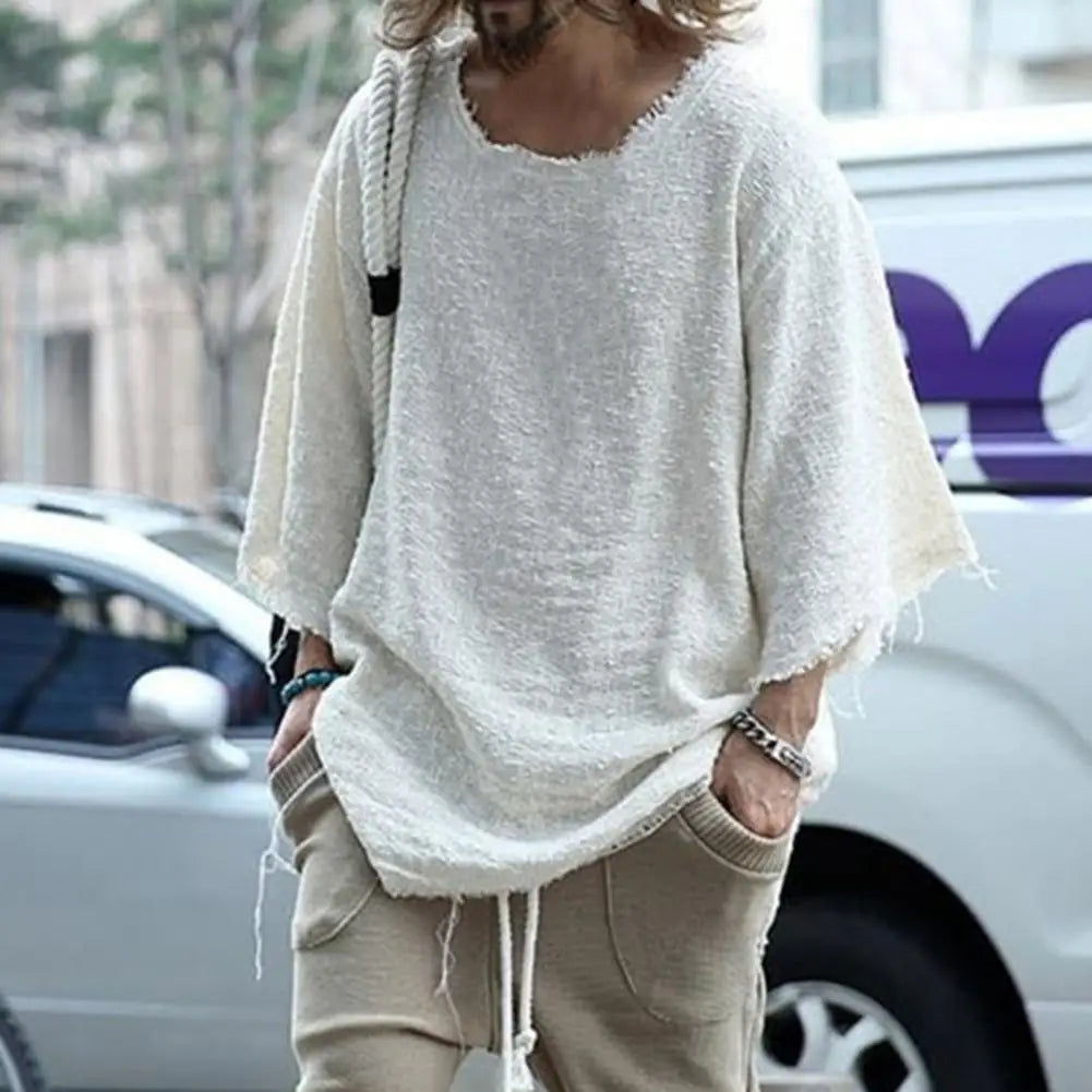 Men's casual white linen shirt with O-neck and loose fit streetwear style.