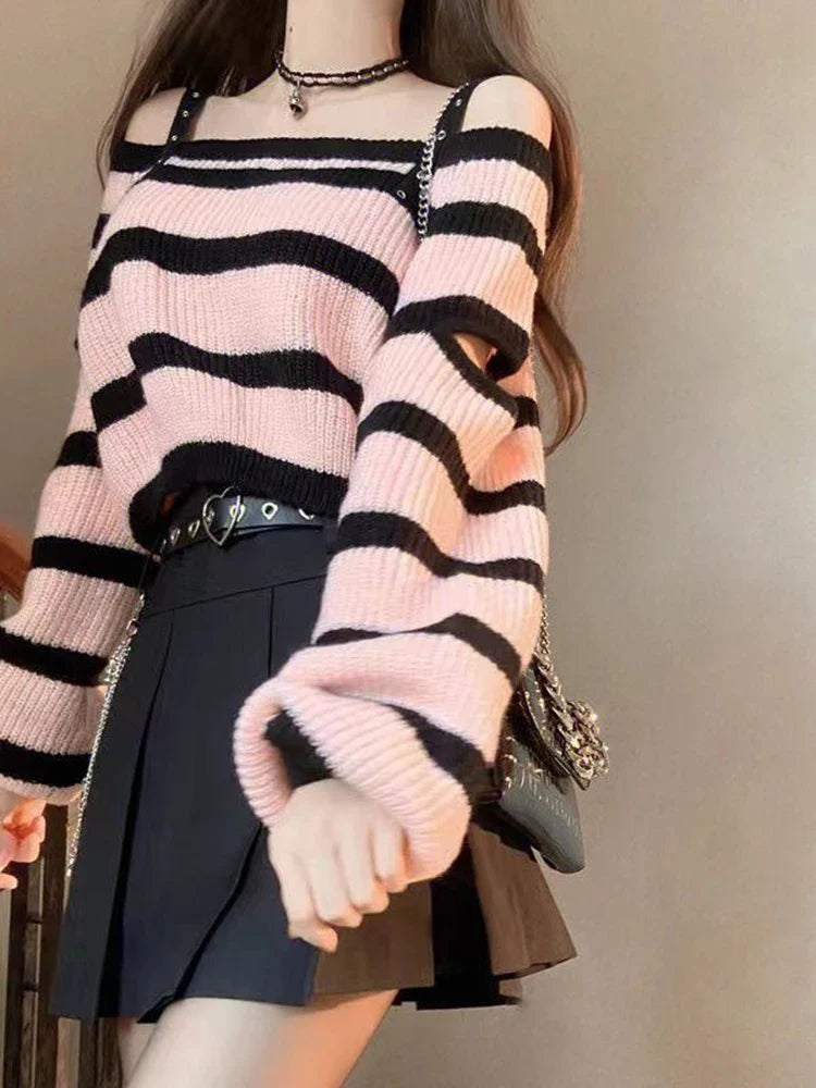 Off shoulder striped knit top and high waist pleated mini skirt set for women, ideal for spring and autumn streetwear fashion.