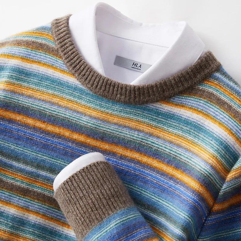 New 100% woolen sweater for young men in autumn and winter, thick sweater, warm stripe, loose casual knitted bottoming coat.