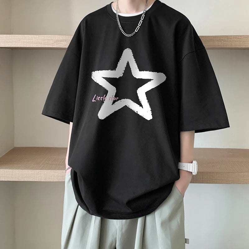 Little Star Printed Men's T Shirt Summer Fashion Casual Short Sleeve Tee Tops Mens Cotton Linen Oversized Hip-Hop T-shirt 5XL