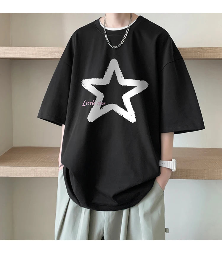 Little Star Printed Men's T Shirt Summer Fashion Casual Short Sleeve Tee Tops Mens Cotton Linen Oversized Hip-Hop T-shirt 5XL