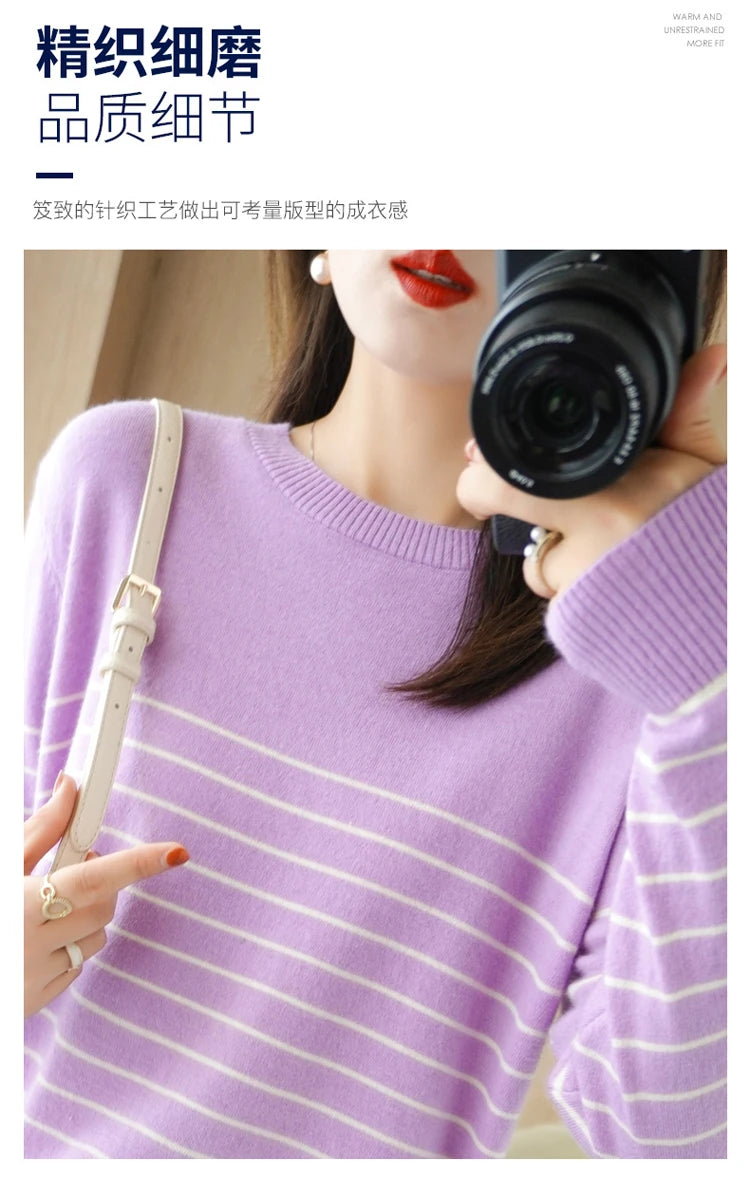 100% Cotton Knitted Sweater Women's Sweater Striped Color Matching Round Neck Large Size Loose Temperament Long Sleeve Bottoming