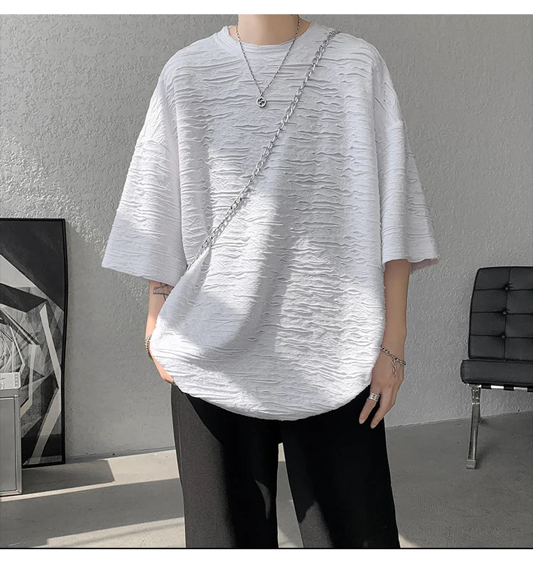 Summer Chic Fashion Holes T-Shirts For Men Clothing Short Sleeve O-Neck Loose Casual Solid Color Tee Shirt Homme Streetwear