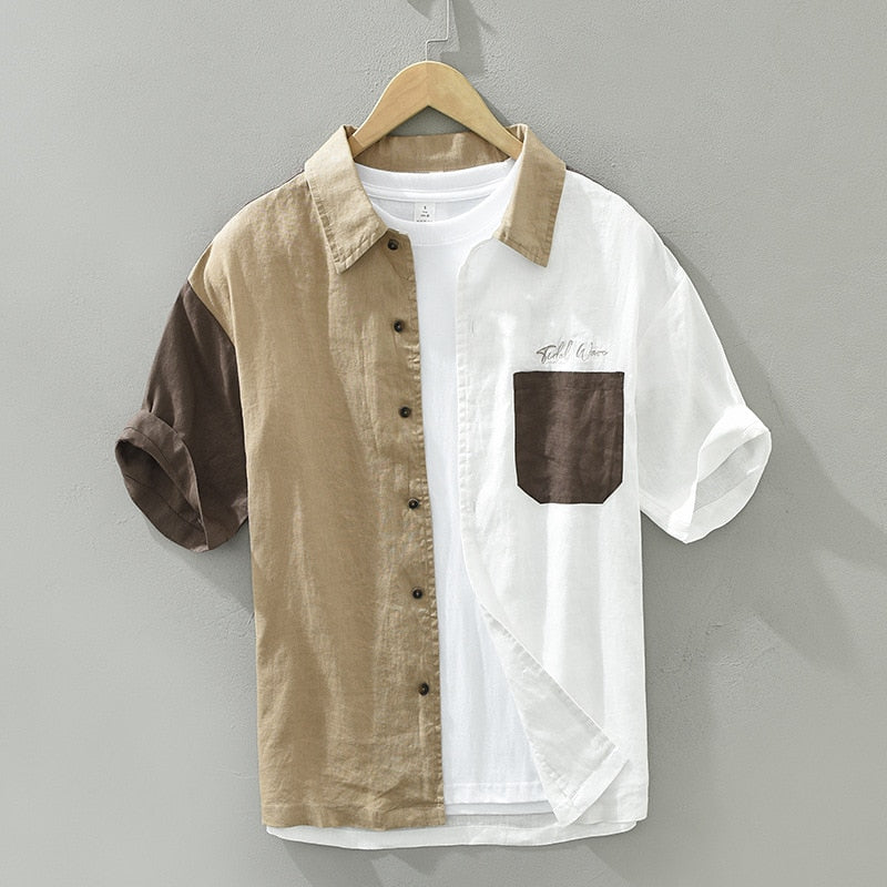 Men's summer fashion linen patchwork blouse, short sleeve, casual chic design, comfortable and breathable.