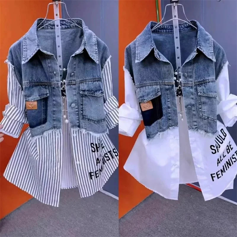 Fake Two Denim Shirts Women's Early Spring 2024 Korean Version Of Casual Western Style Joker Stitching Letter Striped Top