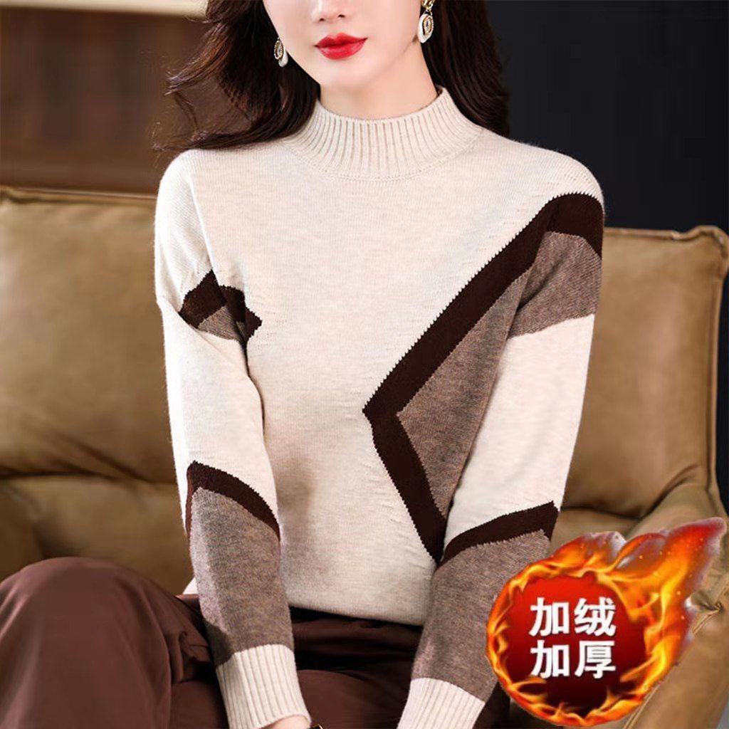 Velvet and Thickened Women's Top 2024 New Autumn/Winter Korean Edition Color Block Knitted Half High Neck Sweater