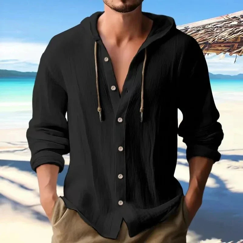 Men's solid linen streetwear long sleeve hoodie cardigan, casual loose style, beach background.