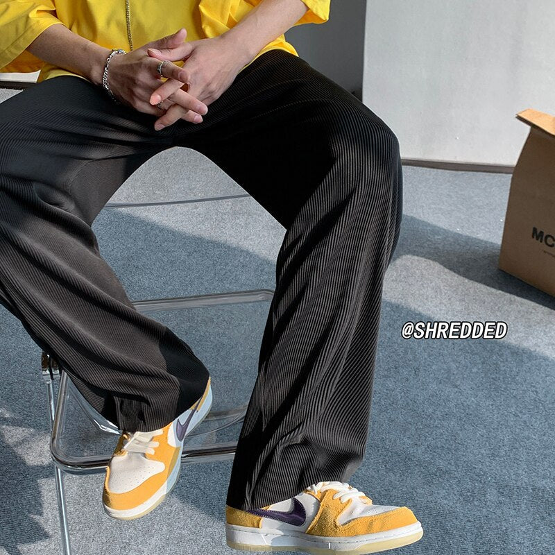 Legible men's summer pants, casual loose wide-leg style with elastic waist, ice silk material.