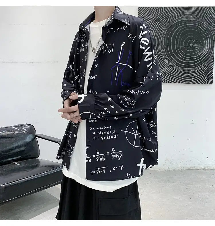 2023 New Spring and Autumn Trend Hong Kong Style Japanese Casual Loose and Luxury Korean Edition Simple Printed Men's Shirt