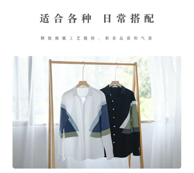 2023 New Spring and Autumn Season Thin Hong Kong Style Fashion Trend Splicing Contrast Color Casual Loose Versatile Men's Shirt