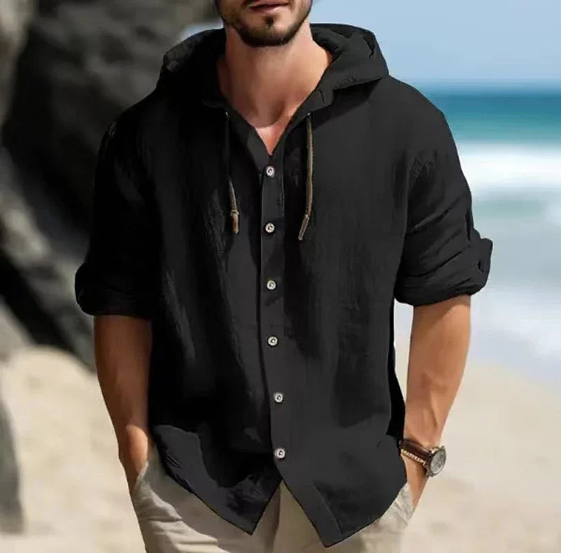 Men's black linen shirt with long sleeves and hood, casual streetwear style.