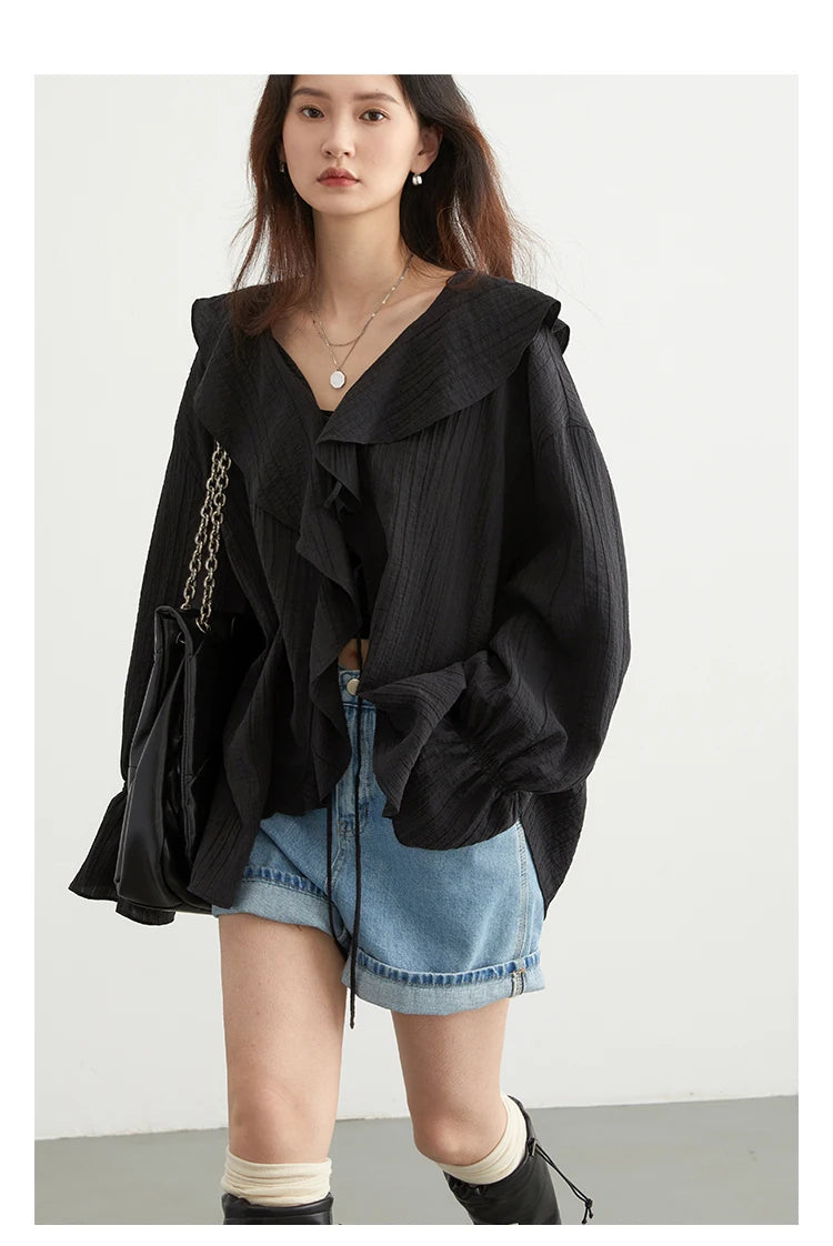 CHIC VEN Women Shirt Loose Casual Ruffled Edges Female Blouses V Neck Lace Up Mid Length Woman Shirts Spring Summer 2024