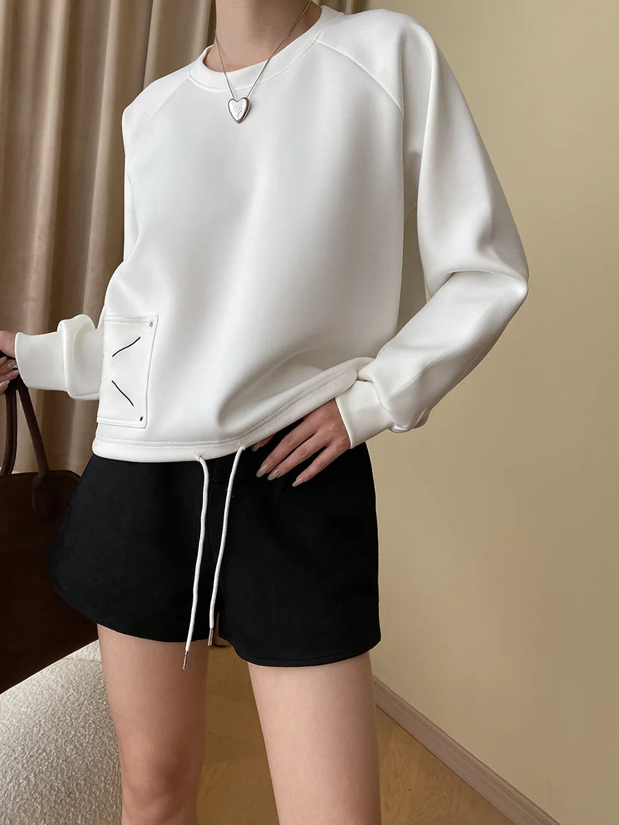 [LANMREM] Embroidered Design Pullover Sweatshirt Women Solid Round Neck Long Sleeve Casual Loose Tops 2024 Spring New 26D6445