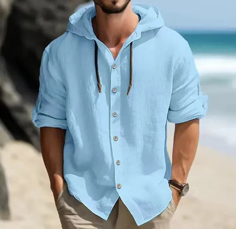 Men's linen hooded shirt, light blue, long sleeve cardigan, beachwear style.