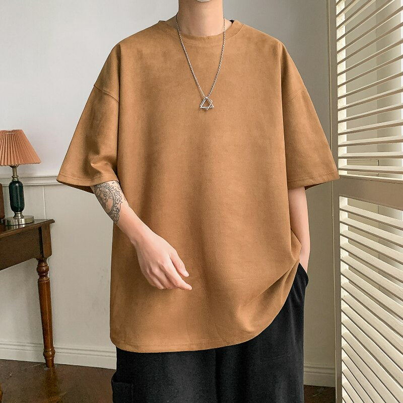 Men's solid round neck summer casual T-shirt, short sleeves, loose fit, polyester fabric.