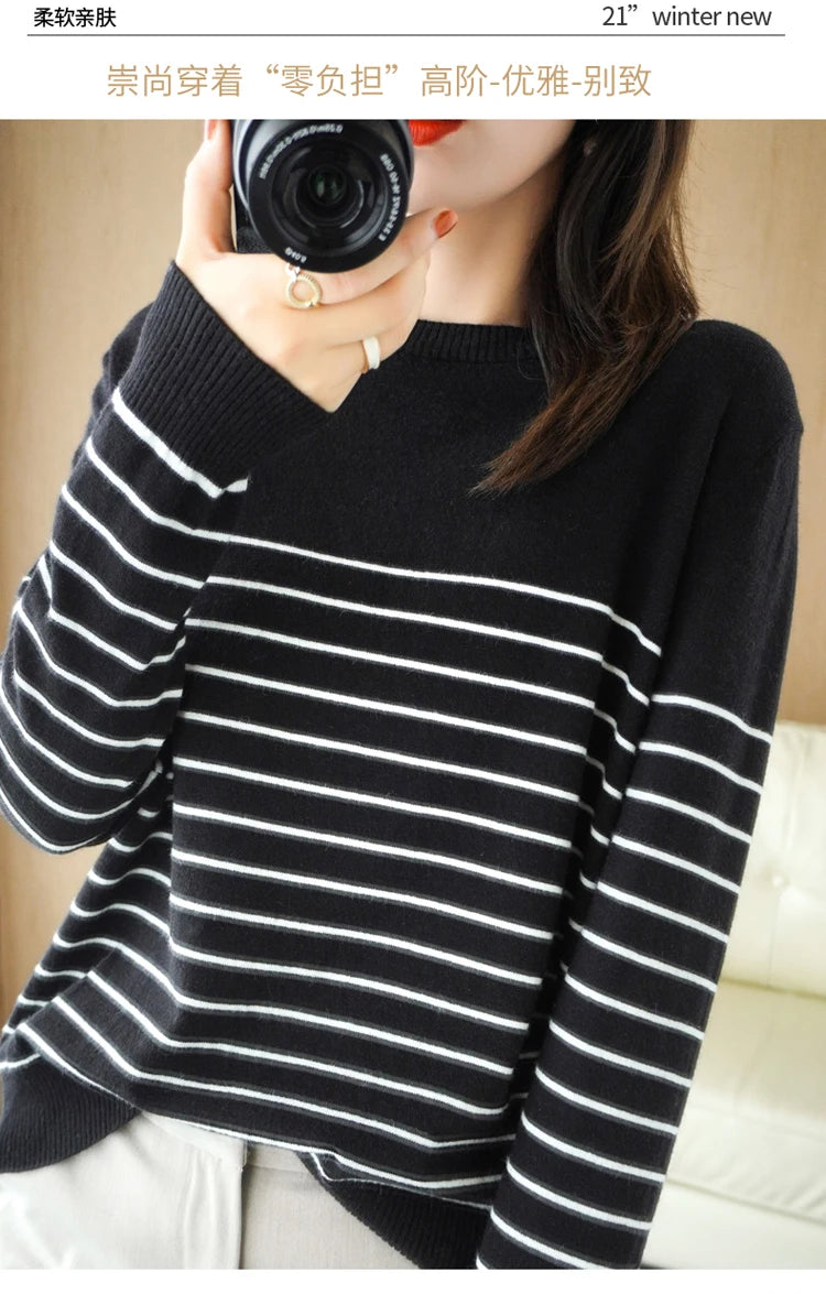 100% Cotton Knitted Sweater Women's Sweater Striped Color Matching Round Neck Large Size Loose Temperament Long Sleeve Bottoming