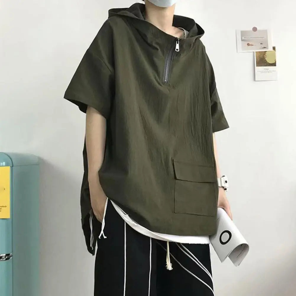 Men Short Sleeve Hoodie Sweatshirt Solid Loose Zipper Fashion Zip Up Pocket Hip Hop Harajuku Hooded Summer Sweatshirts Pullover