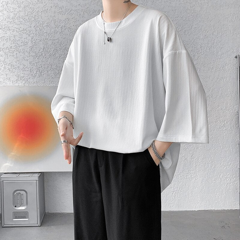 Oversized white ice silk T-shirt for men, half sleeves, Harajuku style, 2023 summer fashion.