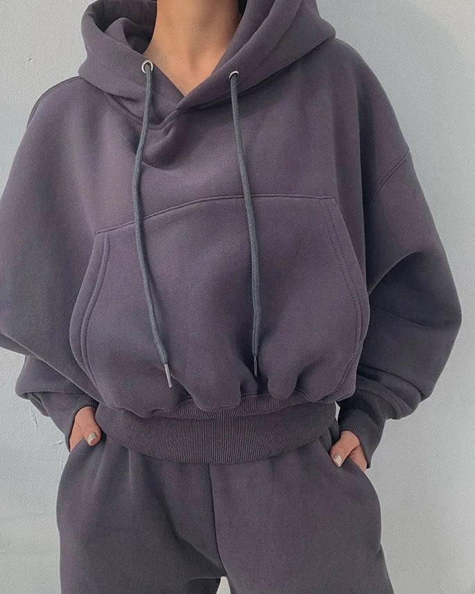 Hoodies suit winter spring solid casual tracksuit for women, fleece two-piece set with pullover sweatshirt and sweatpants.