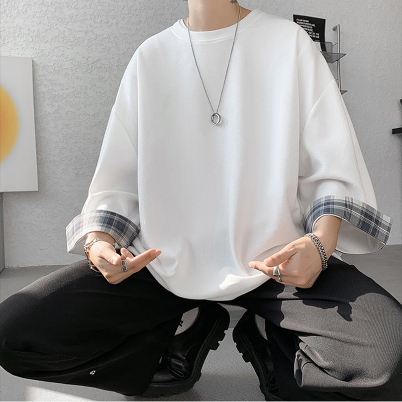 Spring Summer men's oversized 2XL Korean style plaid T-shirt, three-quarter sleeves, white casual top.