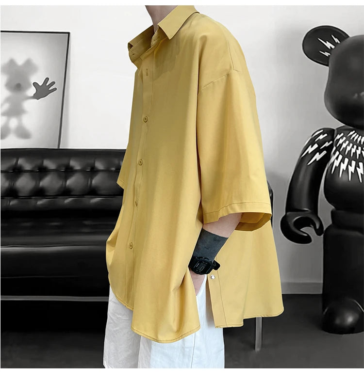 5 Colors Side Buttons Shirt Harajuku Solid Button Up Korean Short Sleeve Aesthetic Male Shirts Blouse Men Black White Yellow