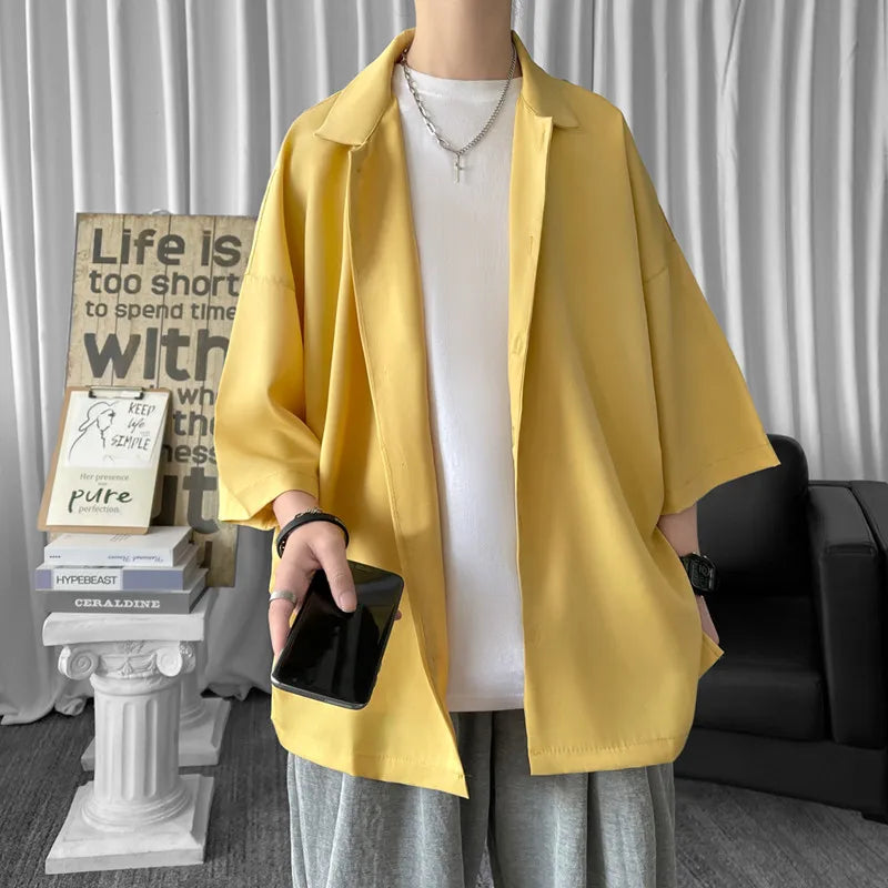 Solid color oversized men's Harajuku shirt, casual half sleeve, yellow, high street summer style, 2021 collection.