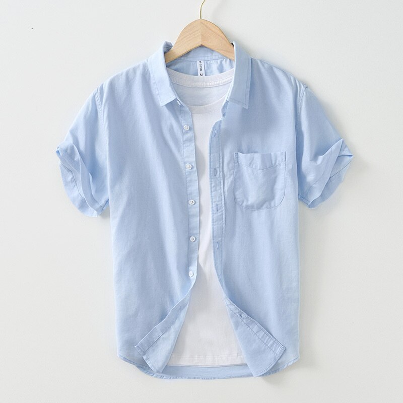 Men's solid color casual short-sleeved shirt, cotton linen breathable classic design.