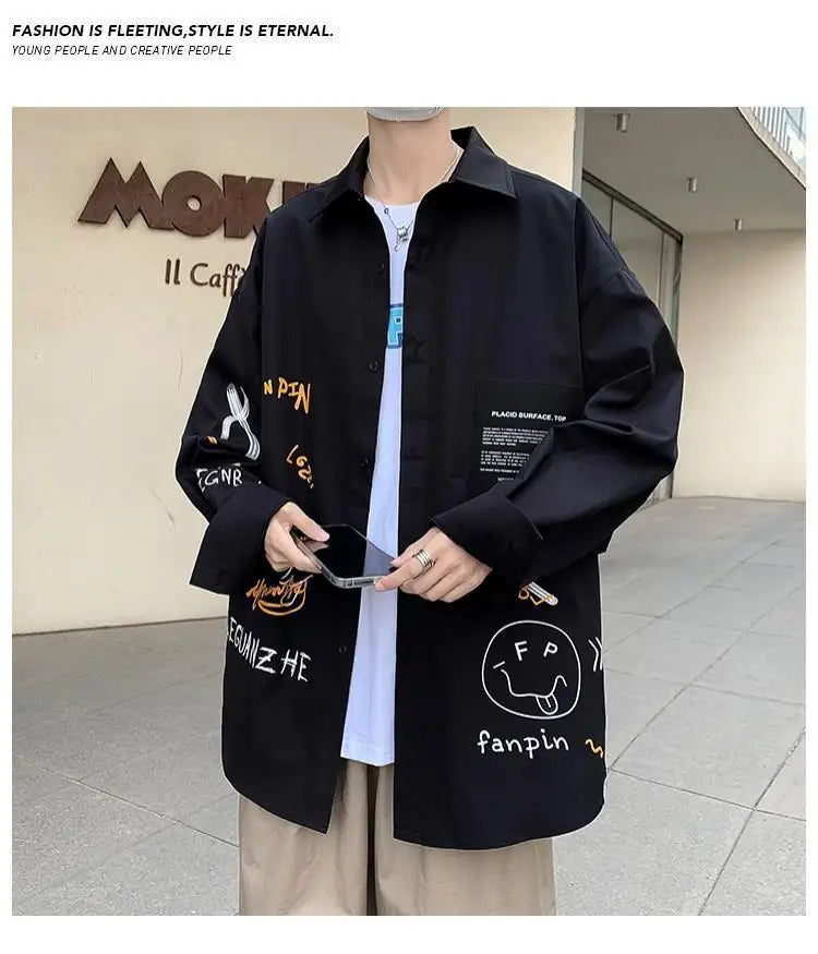 Spring Autumn New Print Graffiti Casual Loose Blouse Man Long Sleeve Korean Style Harajuku Streetwear Shirt Male Fashion Clothes