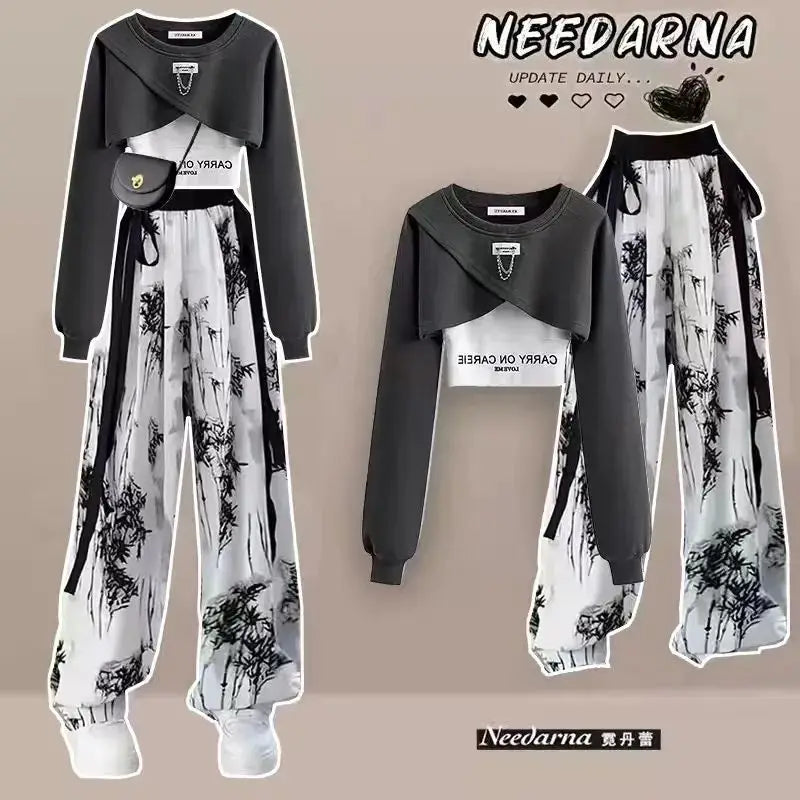 Women's Autumn Set: Long-sleeved top, tank top, and ink-print wide-legged pants, trendy Korean design by Wishworld.