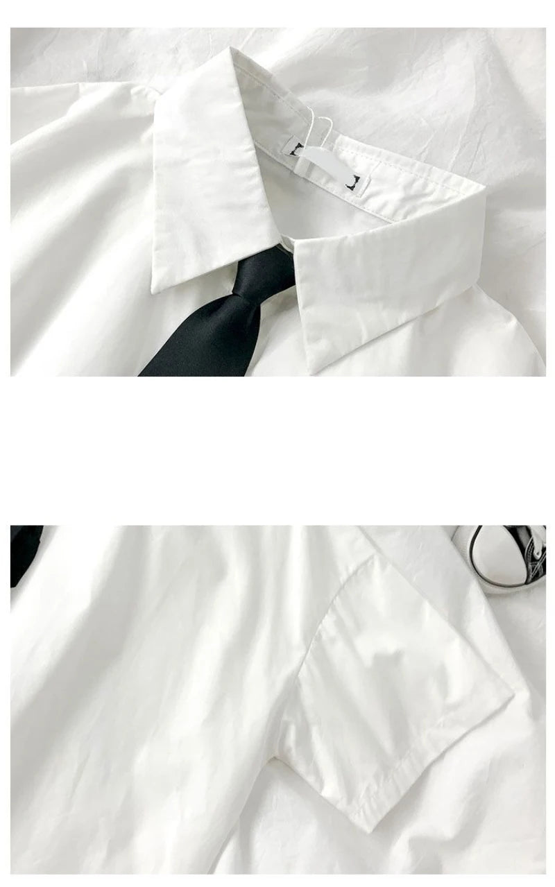 ZOKI White Shirts Women Fashion Black Tie Japan Style Preppy Students JK Girls Blouse Simple Solid Loose Summer Button Up Tops