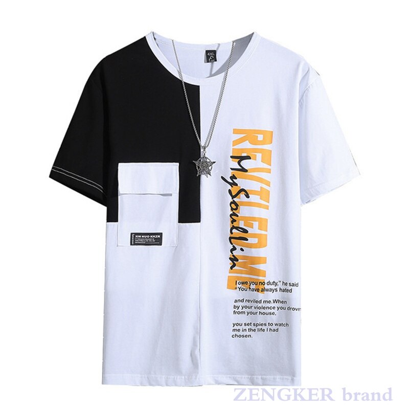 Men's loose oversized summer short-sleeved graphic patchwork t-shirt, streetwear style.