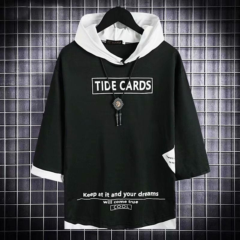 Summer oversized hooded t-shirt for men and women, black print patchwork design, casual sports fitness style.