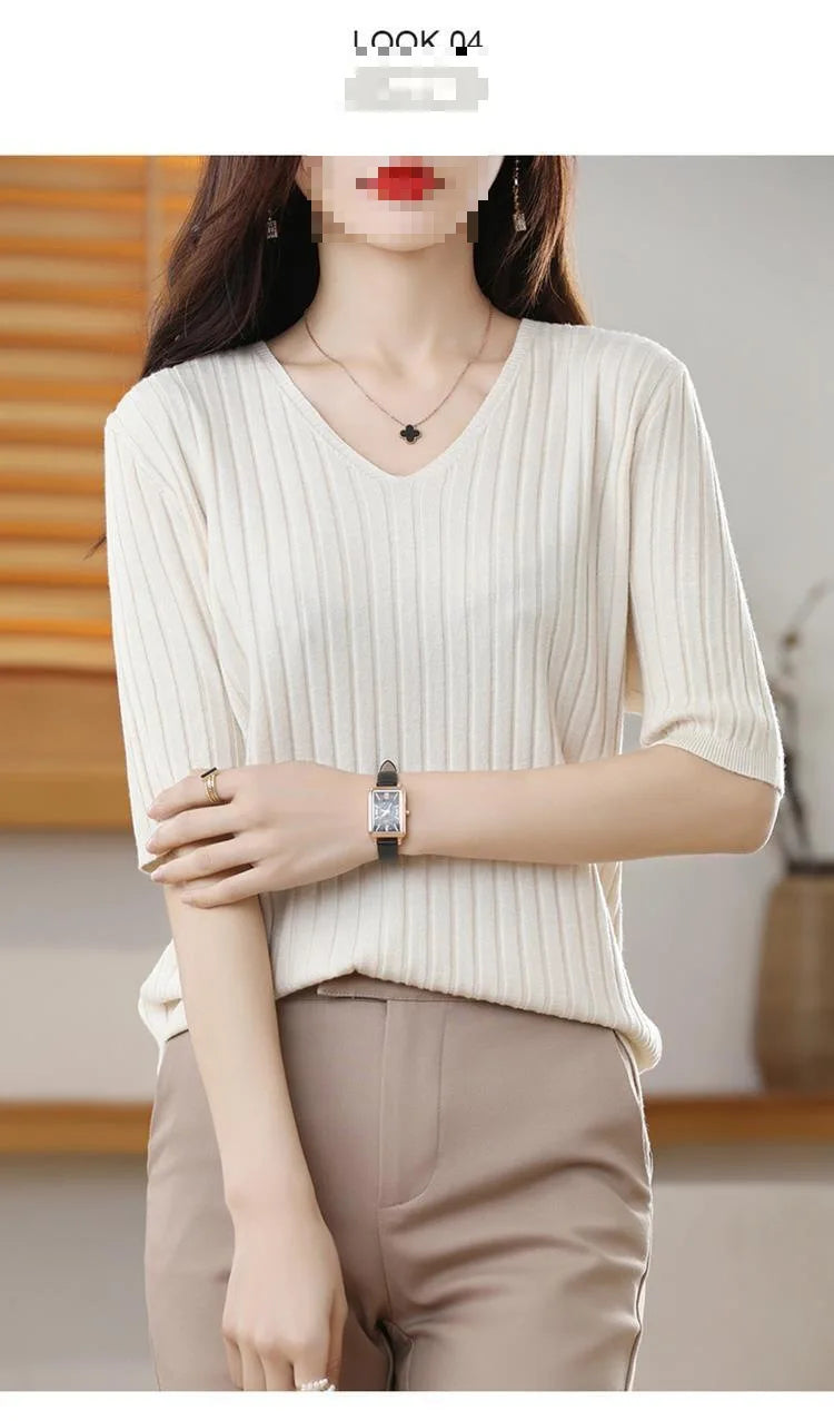 2023 New Spring Summer New Women's V-neck Short-Sleeved Exquisite Cashmere Knitted Sweater Pullover Solid Color