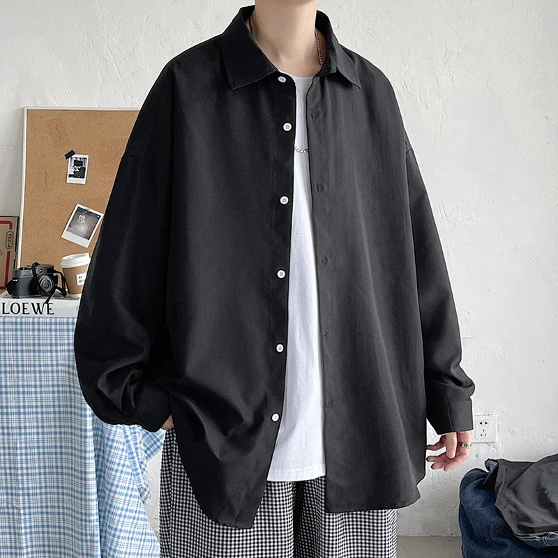 LAPPSTER-Youth Korean Fashion black long sleeve oversized shirt for men, Harajuku style.