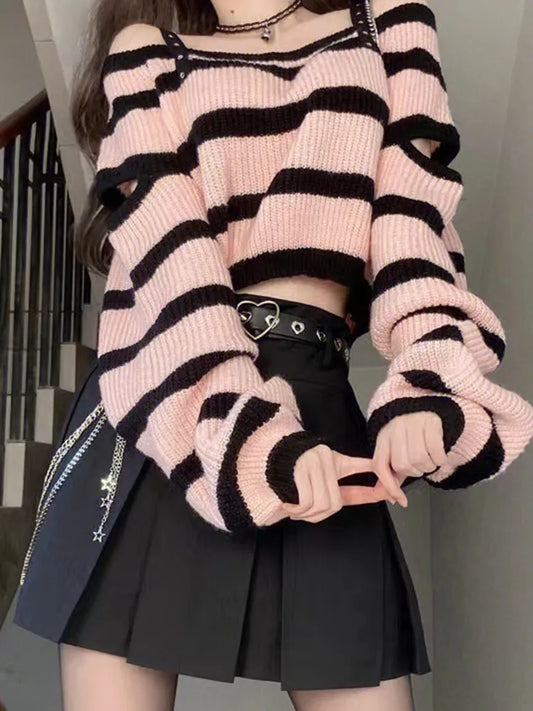 Off shoulder striped knit top and high waist pleated mini skirt set for women, ideal for spring and autumn streetwear fashion.