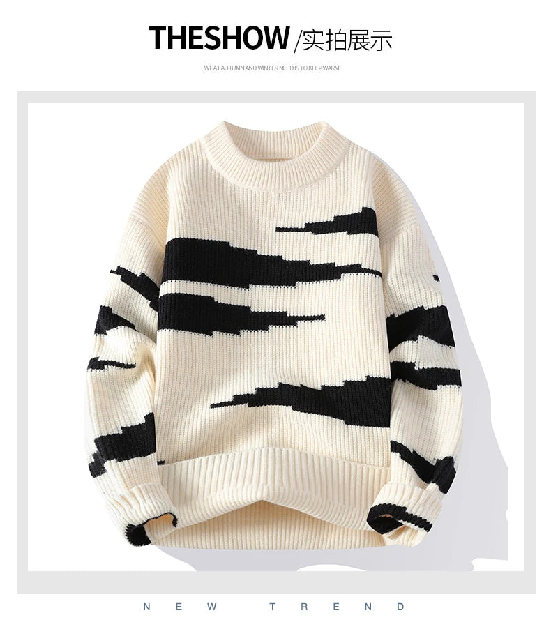 Japanese Retro Colorblocking Pullover Sweater for Men 2024 Autumn Winter New Round Neck Sweater Unisex Knit Sweater