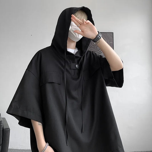 5 Colors Summer Hooded T shirt Men Korean Half Sleeve Pullover Streetwear Loose T-shirt Tops Drawstring Men Clothing 5XL-M