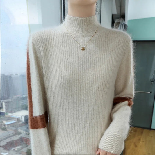 2024 Winter Ladies Turtleneck Mink Cashmere Sweater Women's Patchwork Color Base Knitwear Exquisite Super Warm Long Sleeve Top