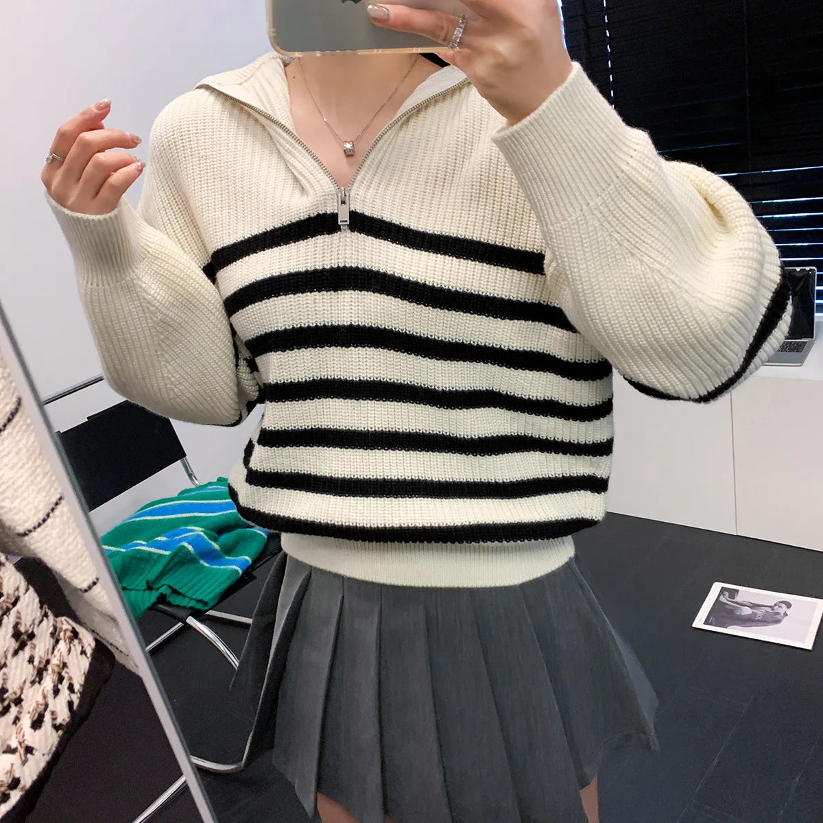 Women's Turtleneck Loose Lapel Striped Knitwear Women Pulovers New Simplicity Half Zipper Casual Fashion Women Sweaters 2024