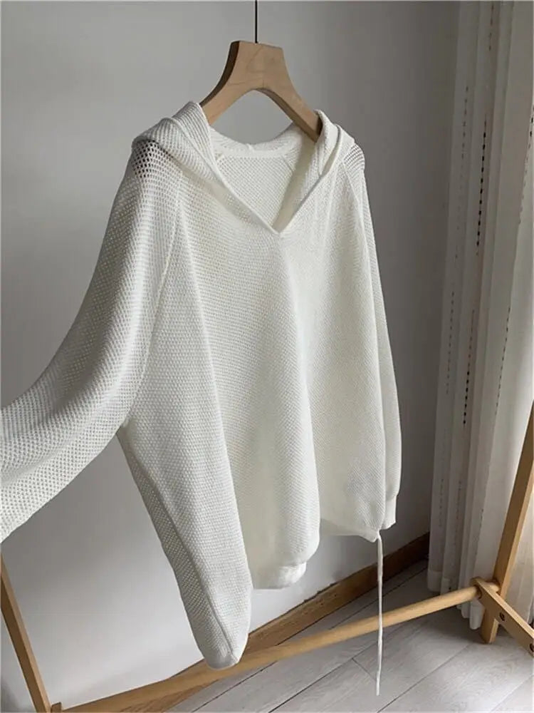 Lazy Style Women Hollow Out Hooded Knitwear Spring Summer White Long Sleeve Casual Loose Pullover Tops Female Sweater