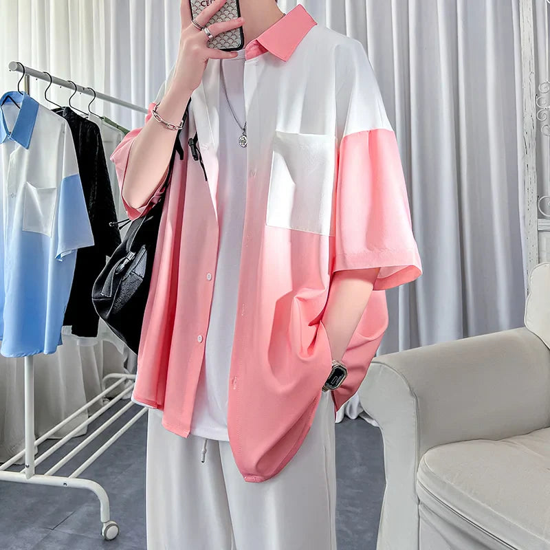 Lapel gradient loose men's short sleeve casual shirt in pink and white.